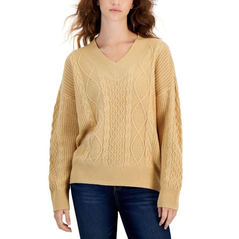 Hippie Rose Juniors' V-Neck Cable-Knit Sweater - Vintage Wheat Size XL